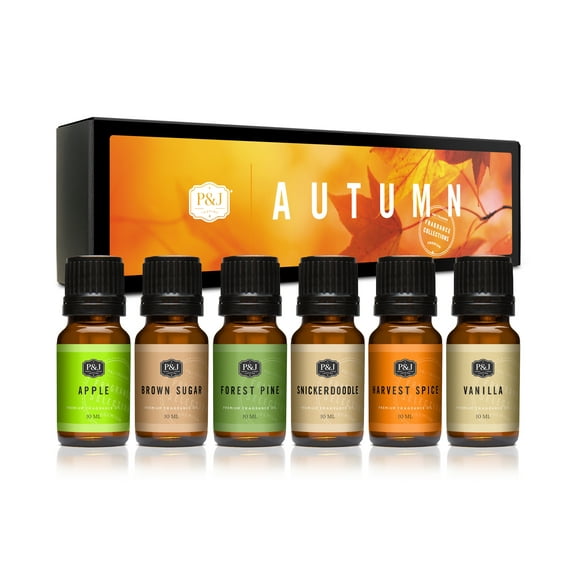 Autumn Set of 6 Fragrance Oils - Premium Grade Scented Oil - 10ml - Brown Sugar, Apple, Harvest Spice, Vanilla, Forest Pine, Snickerdoodle