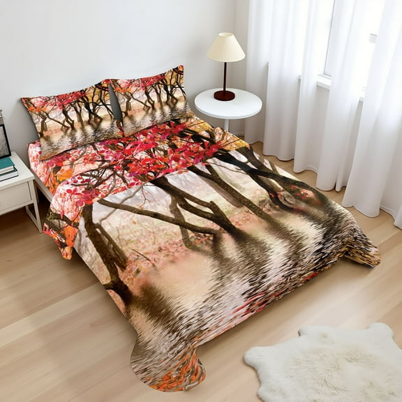 Ambesonne Autumn Fitted & Top Sheet Set with Shams, Fall Season River with Trees, Brown and Magenta