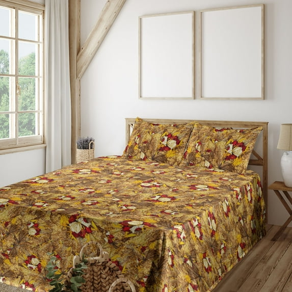 Ambesonne Autumn Fitted & Flat Sheet with Sham 3 Pcs Set, Fall Leafy Artwork Blooms, Twin XL, Dark Coral Mustard