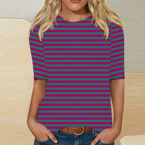 Autumn Shirt Tops for Women 1/2 Sleeves Casual Shirts Crew Neck Pullover Loose Blouse Lightweight Strip Tops Plus Size Leisurewear Summer Vacation Party Homewear