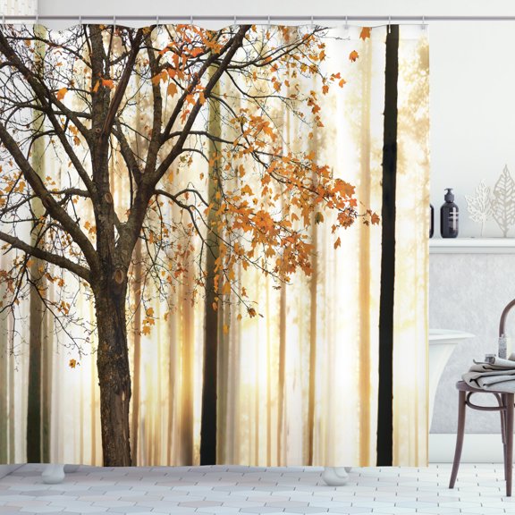 Autumn Shower Curtain, Picture of a Lonely Tree with Orange Leaves on an Abstract Woodland Background, Fabric Bathroom Set with Hooks, 69W X 70L Inches, Orange Brown, by Ambesonne