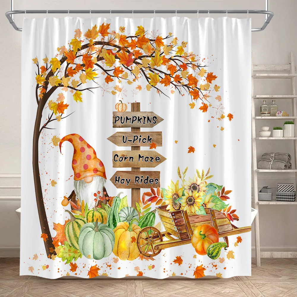 Autumn Shower Curtain Set Farm Maple Tree Pumpkin Sunflower