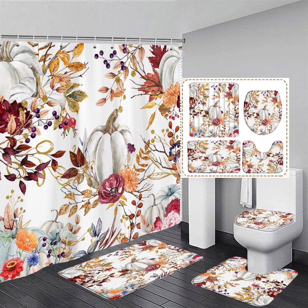 Autumn Shower Curtain Set Maple Leaves Pumpkin Sunflower Black White ...