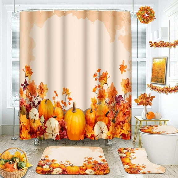 Autumn Shower Curtain Sets with Rugs Fall Pumpkin Bathroom Set with Non-Slip Rug, Toilet Lid Cover, Bath Mat and 12 Hooks 72x72 inches Bathroom Decor 4 Pcs