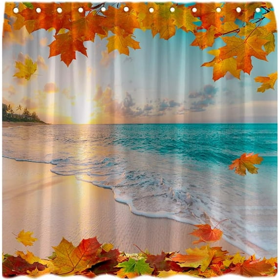 Autumn Shower Curtains Fall Ocean Beach Maple Leaves Sunset Nature Scenery Sunrise Sky Harvest Festival Teal Orange Fabric Bath Curtain Set with Hook