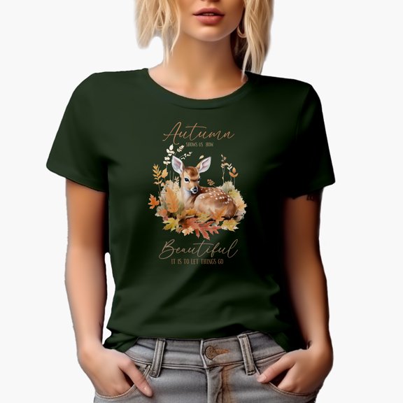 Autumn Shows Us How Beautiful It Is to Let Things Go, Watercolor Deer Art Merch Gift, Military Green T-Shirt, XL