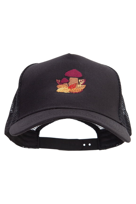 Autumn Shrooms Embroidered Five Panels Pro Style Trucker Mesh Cap - Black OSFM