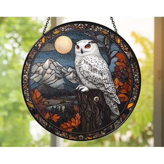 Autumn Snowy Owl Glass Suncatcher – Fall Mountain Window Hanging, Full Moon Forest Glass Panel, Owl Lover Gift, Woodland Décor, 3.5 in