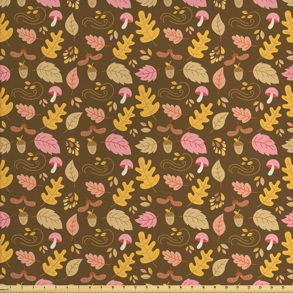 Ambesonne Autumn Fabric by the Yard Upholstery, Fall down Oak Acorn Maple, 3 Yards, Umber and Pale Orange