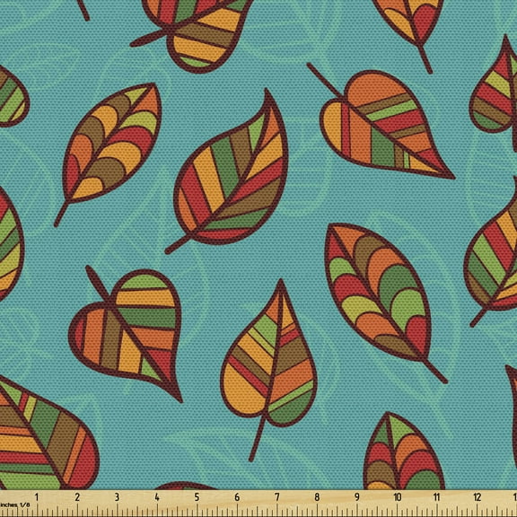 Autumn Sofa Upholstery Fabric by the Yard, Doodle Art Pattern of Falling Leaves with Colorful Stripes Botanical Setting, Decorative Fabric for DIY & Home Accents, 5 Yards, Multicolor by Ambesonne
