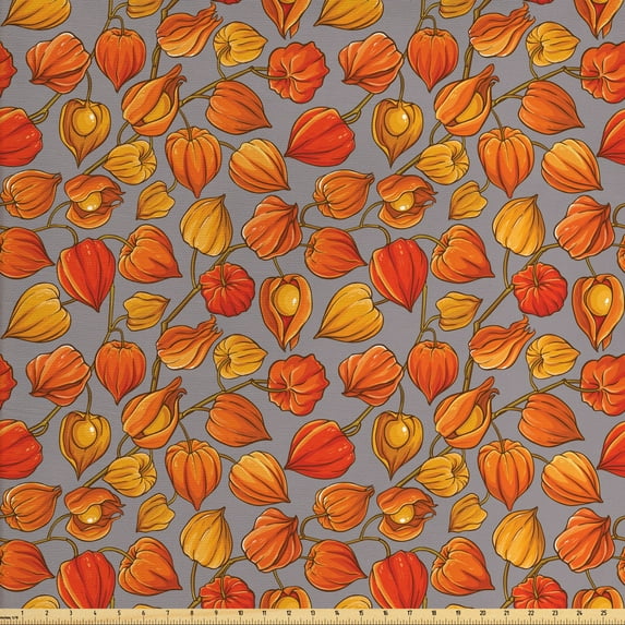 Ambesonne Autumn Fabric by the Yard Upholstery, Golden Shade Berry Theme, 3 Yards, Taupe Grey and Vermilion