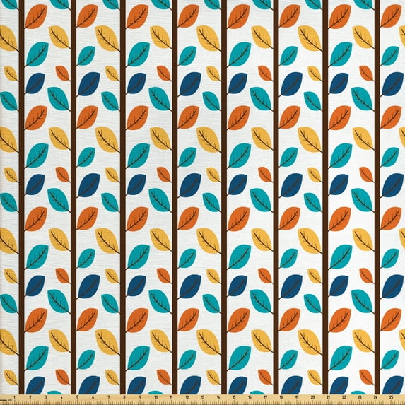 Ambesonne Autumn Fabric by the Yard Upholstery, Vertical Tree Branches Art, 2 Yards, White Multicolor