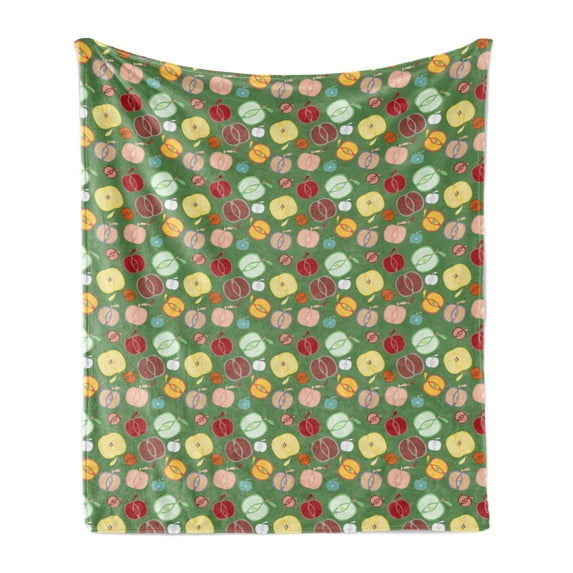 Autumn Soft Flannel Fleece Blanket, Apple Lover Seasonal Fruits Colorful Doodle Artwork Print Illustration, Cozy Plush for Indoor and Outdoor Use, 50" x 60", Reseda Green Multicolor, by Ambesonne