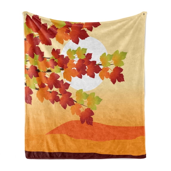 Autumn Soft Flannel Fleece Blanket, Fall Season Landscape in Warm Tones Maple Tree Branches Sundown on Abstract Backdrop, Cozy Plush for Indoor and Outdoor Use, 50" x 60", Multicolor, by Ambesonne