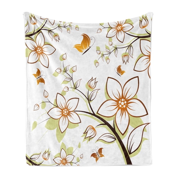 Autumn Soft Flannel Fleece Blanket, Fauna in Fall Season Color Palette Flowers and Butterflies Warm Image, Cozy Plush for Indoor and Outdoor Use, 70" x 90", Orange Pale Green Black, by Ambesonne