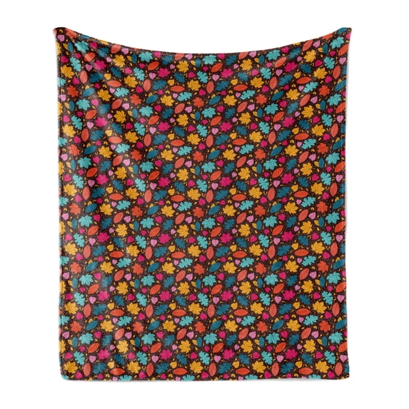 Autumn Soft Flannel Fleece Blanket, Repeating Floral Pattern with Fall Season Leaves of Maple Oak and Aspen Trees Print, Cozy Plush for Indoor and Outdoor Use, 50" x 70", Multicolor, by Ambesonne