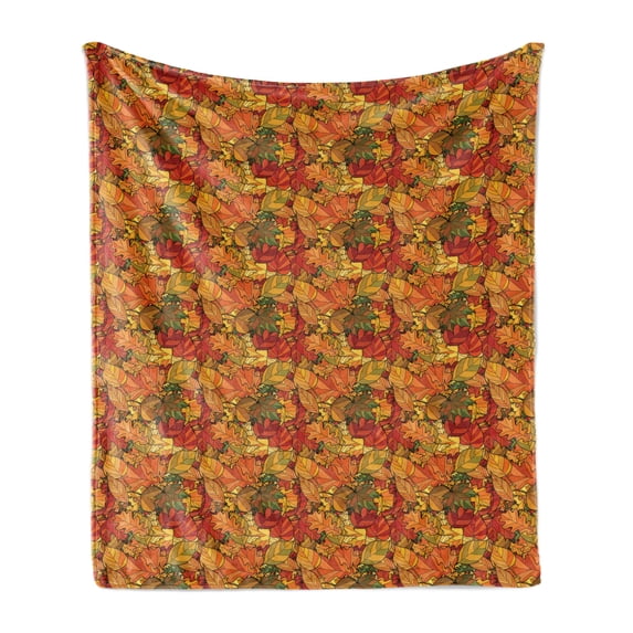 Autumn Soft Flannel Fleece Throw Blanket, Abstract Doodle of Fallen Leaves Earthy Warm Tones Printed Illustration, Cozy Plush for Indoor and Outdoor Use, 50" x 60", Apricot and Coffee, by Ambesonne