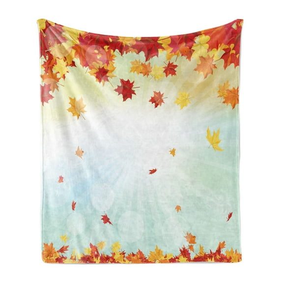 Autumn Soft Flannel Fleece Throw Blanket, Bokeh Background with Fallen Maple Leaves Warm Colored Seasonal Foliage Pattern, Cozy Plush for Indoor and Outdoor Use, 50" x 70", Multicolor, by Ambesonne