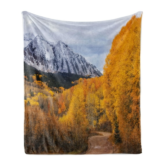 Autumn Soft Flannel Fleece Throw Blanket, Colorful Fall Season in Colorado with Snowy Mountain and Trees, Cozy Plush for Indoor and Outdoor Use, 70" x 90", Orange Pale Ceil Blue, by Ambesonne