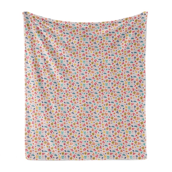 Autumn Soft Flannel Fleece Throw Blanket, Continuous Demonstration of Apples Leaves Umbrella Rainy Season Artwork, Cozy Plush for Indoor and Outdoor Use, 50" x 70", Pearl and Multicolor, by Ambesonne