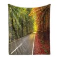 thumbnail image 1 of Autumn Soft Flannel Fleece Throw Blanket, Cozy Scene Road Trees Warm Sunrays 2 Seasons at Once Photo, Cozy Plush for Indoor and Outdoor Use, 50" x 60", Olive Green Yellow, by Ambesonne, 1 of 5