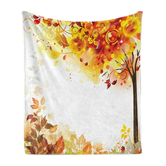 Autumn Soft Flannel Fleece Throw Blanket, Creative Fall Season Botanical Composition with Trees Leaves and Dots, Cozy Plush for Indoor and Outdoor Use, 50" x 60", Multicolor, by Ambesonne