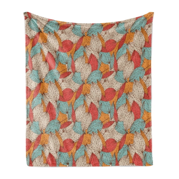 Autumn Soft Flannel Fleece Throw Blanket, Doodle Art Style Mix of Leaf Motifs in Retro Colors Romantic Autumn Season Theme, Cozy Plush for Indoor and Outdoor Use, 60" x 80", Multicolor, by Ambesonne