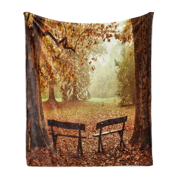 Autumn Soft Flannel Fleece Throw Blanket, Dramatic Scene with Fall Season Woodland and Wooden Old Benches Photo, Cozy Plush for Indoor and Outdoor Use, 50" x 70", Multicolor, by Ambesonne