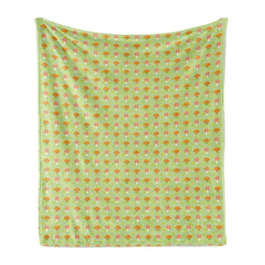 Autumn Soft Flannel Fleece Throw Blanket, Fall Leaves Seasonal Veggies Dotted Mushroom Repeating Pattern Print, Cozy Plush for Indoor and Outdoor Use, 50" x 60", Pale Green and Orange, by Ambesonne