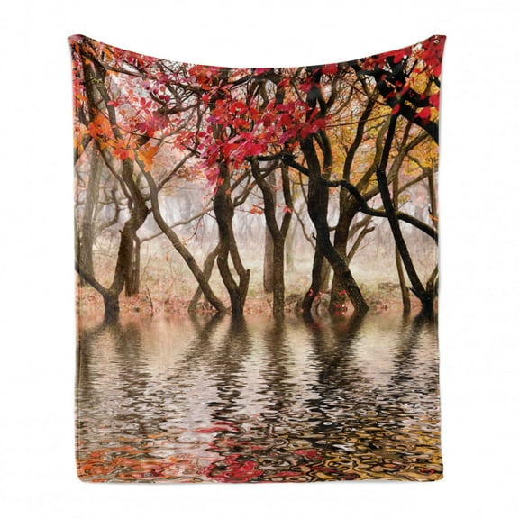 Autumn Soft Flannel Fleece Throw Blanket, Fall Season River with Trees Colorful Pinkish Foliage Nature Photography, Cozy Plush for Indoor and Outdoor Use, 50" x 70", Brown and Magenta, by Ambesonne