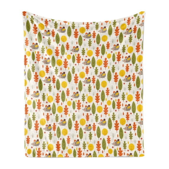 Autumn Soft Flannel Fleece Throw Blanket, Autumn Forest Theme with Sleeping Baby Hedgehogs and Doodle Trees Pattern Print, Cozy Plush for Indoor and Outdoor Use, 50" x 60", Multicolor, by Ambesonne