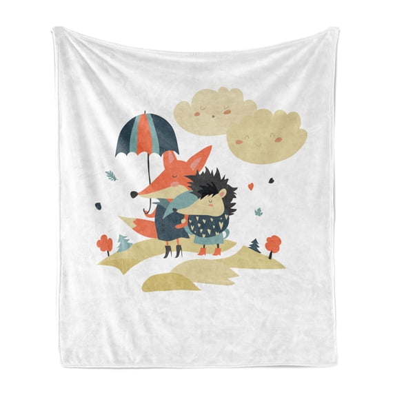 Autumn Soft Flannel Fleece Throw Blanket, Fox and Hedgehog Animal Couple Walking with an Umbrella Falling September Leaves, Cozy Plush for Indoor and Outdoor Use, 50" x 60", Multicolor, by Ambesonne