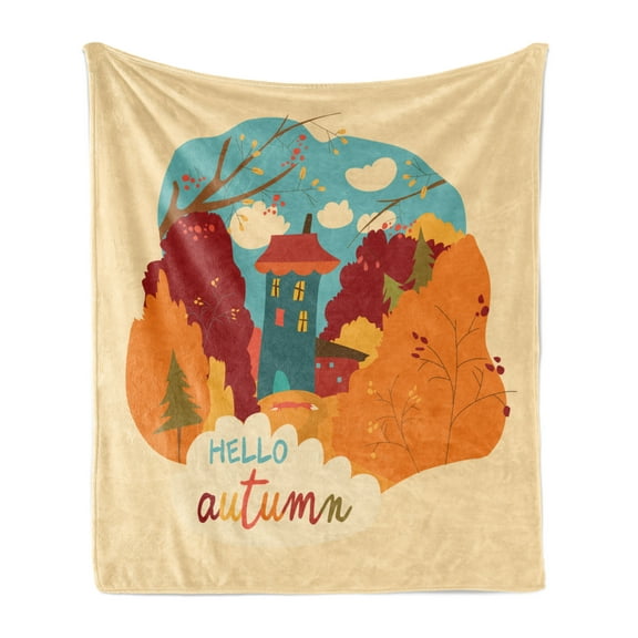 Autumn Soft Flannel Fleece Throw Blanket, Hello Autumn Calligraphy Little House in Fall Branches Leaves and Trees Image, Cozy Plush for Indoor and Outdoor Use, 60" x 80", Multicolor, by Ambesonne