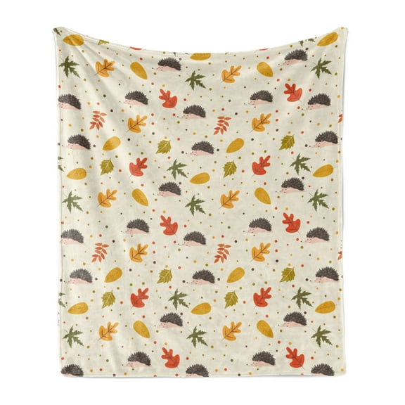 Autumn Soft Flannel Fleece Throw Blanket, Illustration of Leafs from Fall Season Polka Dots and Hedgehogs Art, Cozy Plush for Indoor and Outdoor Use, 60" x 80", Eggshell and Multicolor, by Ambesonne