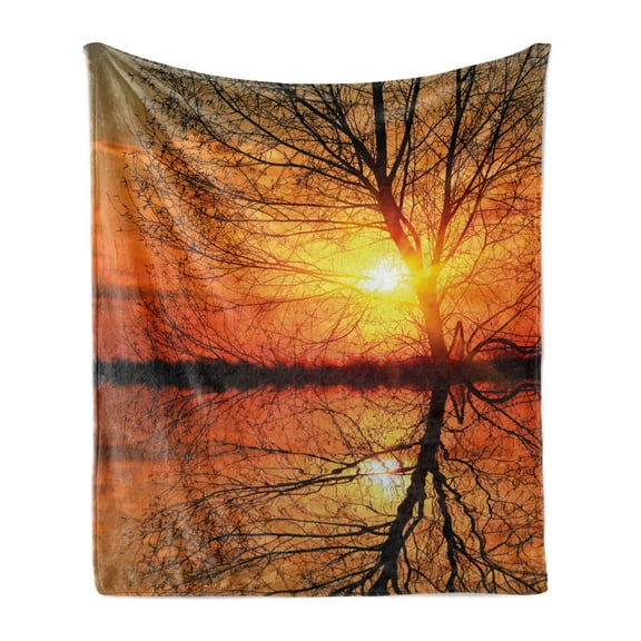 Autumn Soft Flannel Fleece Throw Blanket, Leafless Tree in Fall on Sunset Backdrop Horizon with Water Reflection Panorama, Cozy Plush for Indoor and Outdoor Use, 70" x 90", Orange Black, by Ambesonne