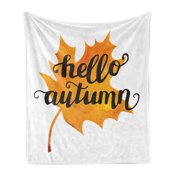 Autumn Soft Flannel Fleece Throw Blanket, Maple Leaf Silhouette in Warm Colors with Hand Lettering Fall Season Words, Cozy Plush for Indoor and Outdoor Use, 60" x 80", Orange and Black, by Ambesonne
