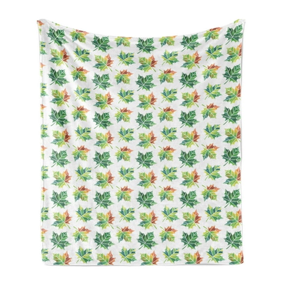 Autumn Soft Flannel Fleece Throw Blanket, Natural Colorful Season Maple Leafs Hand-Drawn on a Plain Background, Cozy Plush for Indoor and Outdoor Use, 50" x 70", Fern Green and Cinnamon, by Ambesonne