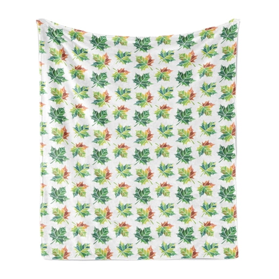 Autumn Soft Flannel Fleece Throw Blanket, Natural Colorful Season Maple Leafs Hand-Drawn on a Plain Background, Cozy Plush for Indoor and Outdoor Use, 50" x 70", Fern Green and Cinnamon, by Ambesonne