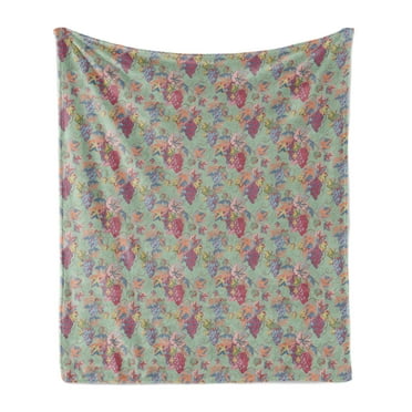 Autumn Soft Flannel Fleece Throw Blanket, Nostalgic Vintage Theme Inspired Grapes and Leaves Motif Design, Cozy Plush for Indoor and Outdoor Use, 60" x 80", Almond Green and Multicolor, by Ambesonne