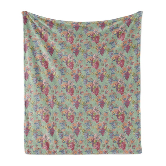 Autumn Soft Flannel Fleece Throw Blanket, Nostalgic Vintage Theme Inspired Grapes and Leaves Motif Design, Cozy Plush for Indoor and Outdoor Use, 70" x 90", Almond Green and Multicolor, by Ambesonne