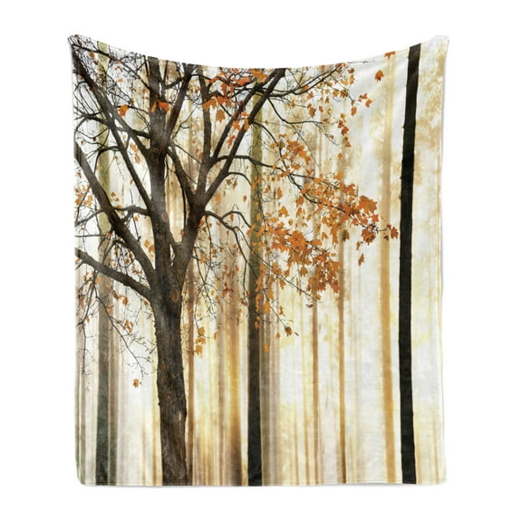 Autumn Soft Flannel Fleece Throw Blanket, Picture of a Lonely Tree Leaves on an Abstract Woodland Background Print, Cozy Plush for Indoor and Outdoor Use, 50" x 70", Orange Brown, by Ambesonne