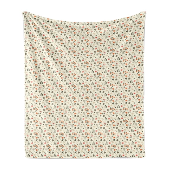 Autumn Soft Flannel Fleece Throw Blanket, Pine Cones Leafs Rose Hip Seasonal Floral Composition with Soft Colors, Cozy Plush for Indoor and Outdoor Use, 70" x 90", Cream and Dark Peach, by Ambesonne