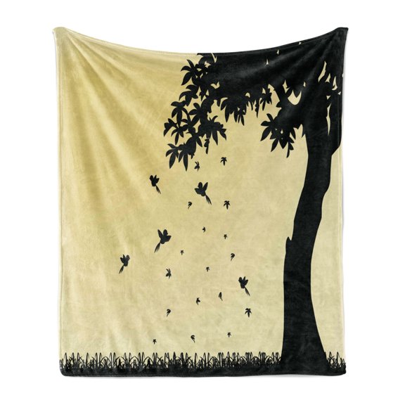 Autumn Soft Flannel Fleece Throw Blanket, Autumn Season Theme Silhouette of a Tree with Falling Leaves and Birds Pattern, Cozy Plush for Indoor and Outdoor Use, 60" x 80", Mustard Black, by Ambesonne