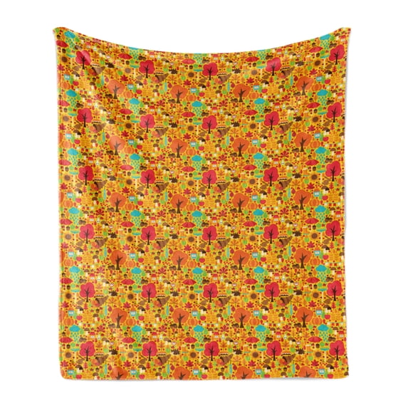 Autumn Soft Flannel Fleece Throw Blanket, Seasonal Happy Colorful Doodle of Forest Rabbit Printed Illustration, Cozy Plush for Indoor and Outdoor Use, 60" x 80", Dark Coral and Orange, by Ambesonne