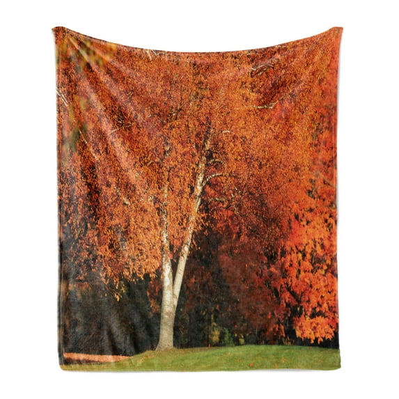 Autumn Soft Flannel Fleece Throw Blanket, Tree Photo in Tangerine Tones Foliage, Cozy Plush for Indoor and Outdoor Use, 60" x 80", Burnt Orange Olive Green, by Ambesonne