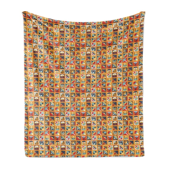 Autumn Soft Flannel Fleece Throw Blanket, Various Seasonal Abstract Mushroom Doodles Patchwork Printed Illustration, Cozy Plush for Indoor and Outdoor Use, 50" x 70", Dark Pink Marigold, by Ambesonne