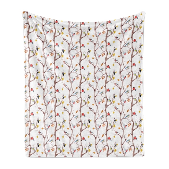 Autumn Soft Flannel Fleece Throw Blanket, Watercolor Birds on a Tree with Yellow Leaves During Fall Season, Cozy Plush for Indoor and Outdoor Use, 70" x 90", Dark Peach and Multicolor, by Ambesonne