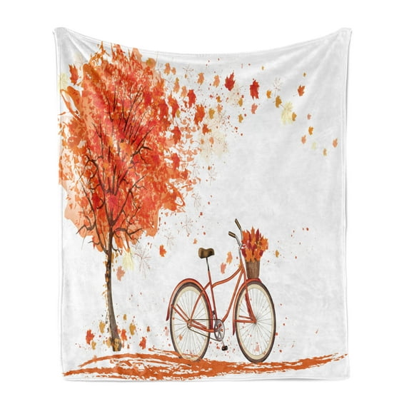 Autumn Soft Flannel Fleece Throw Blanket, Watercolor Fall Season Landscape with Leaves Flying in Breeze Bicycle, Cozy Plush for Indoor and Outdoor Use, 60" x 80", Orange Brown and White, by Ambesonne