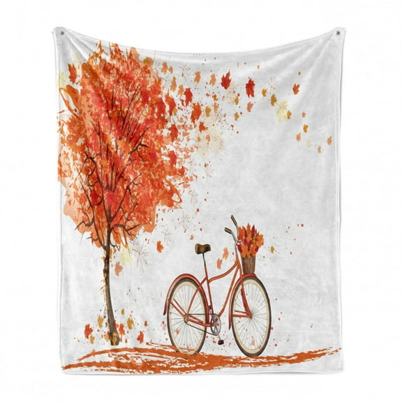 Autumn Soft Flannel Fleece Throw Blanket, Watercolor Fall Season Landscape with Leaves Flying in Breeze Bicycle, Cozy Plush for Indoor and Outdoor Use, 70" x 90", Orange Brown and White, by Ambesonne
