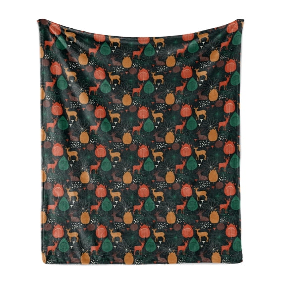 Autumn Soft Flannel Fleece Throw Blanket, Wild Forest Season Gazelle Deer Fall Colors Leaves Pattern Composition, Cozy Plush for Indoor and Outdoor Use, 60" x 80", Amber and Jade Green, by Ambesonne